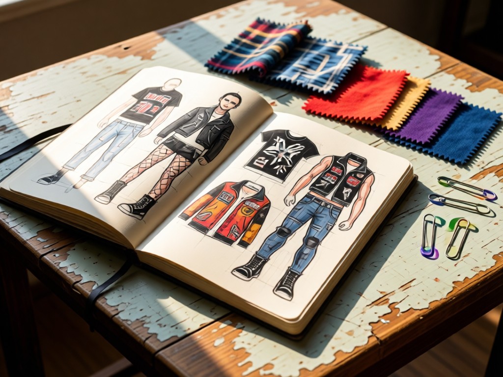 Angled shot of open sketchbook revealing punk apparel designs beside fabric swatches and safety pins. Natural light highlights textures on a weathered table. No people.