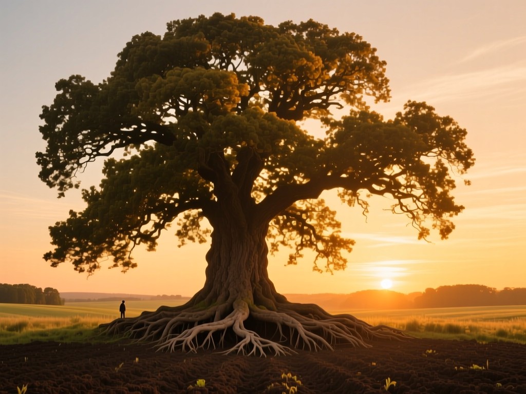 A towering ancient oak tree at golden hour, its expansive canopy symbolizing knowledge growth, roots extending into fertile soil, warm sunset palette, no people.