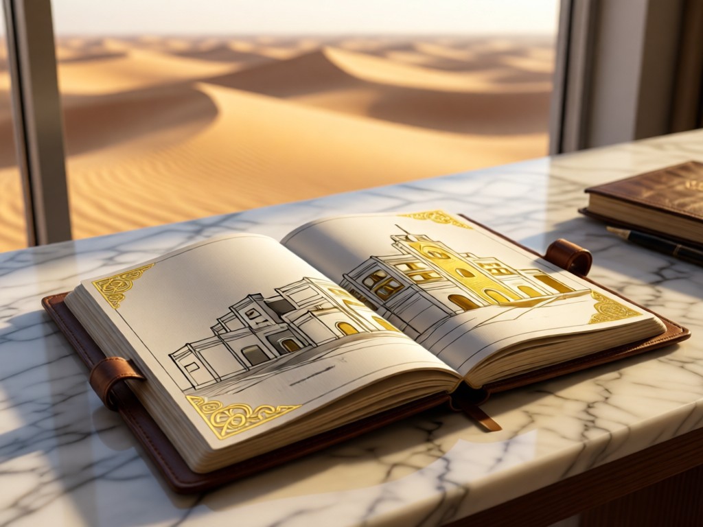 A leather-bound sketchbook open to architectural drawings of the Museum of Islamic Art. Gold foil accents catch afternoon light on a marble desk. Desert sand visible through a window in soft focus. No people.