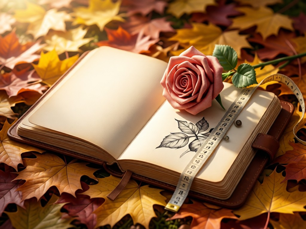 An open leather-bound sketchbook resting on autumn leaves. A single fabric rose and measuring tape artfully arranged beside it. Soft backlighting creates a serene, professional mood. No people.