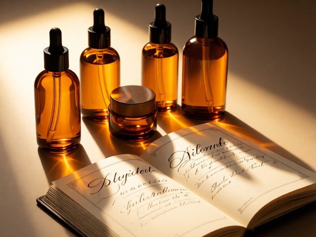 Neatly arranged skincare bottles beside an open appointment book showing elegant typography. Warm backlight creates depth through amber glass. No people.