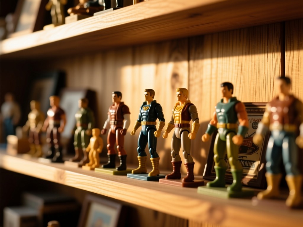 A curated display shelf with vintage action figures during golden hour, soft sunlight highlighting details, blurred wood grain background, shallow depth of field, warm natural tones.