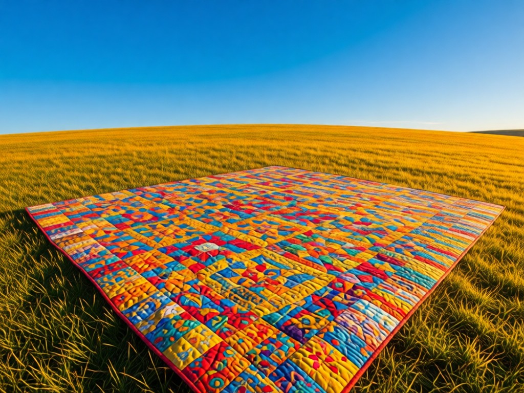 Aerial view of a vibrant quilt spread on sunlit grass. Intricate patchwork patterns visible. Blue sky background symbolizes creativity and visibility. Warm golden tones. No people.