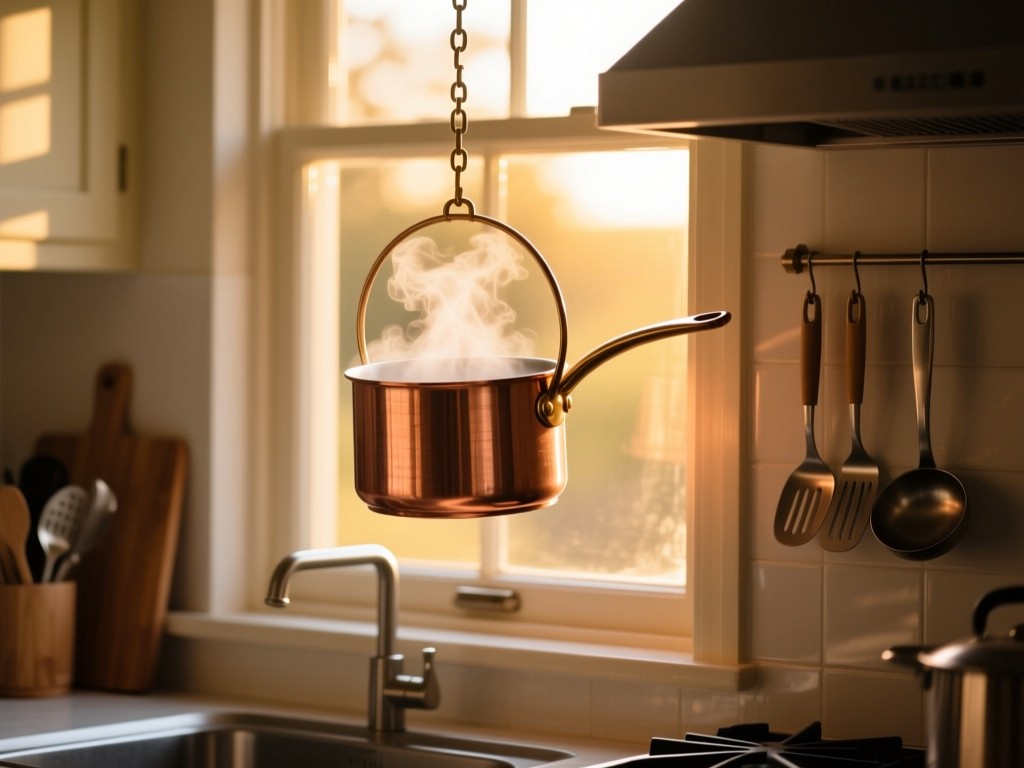 A single copper pot hanging in a sunlit kitchen window during golden hour, steam gently rising, warm glow highlighting kitchen tools, minimalist composition, no people.
