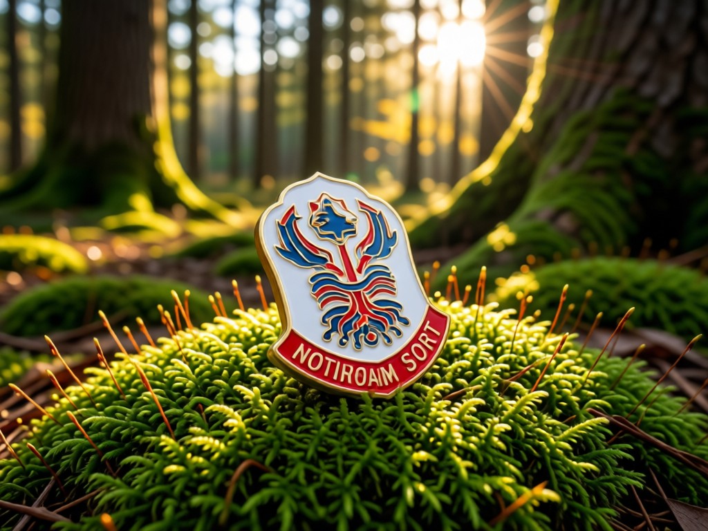 A single iconic Nottingham Forest pin badge resting on a bed of moss in Sherwood Forest. Sunlight filters through trees creating dappled light. Symbolizes deep roots and pride. No people.