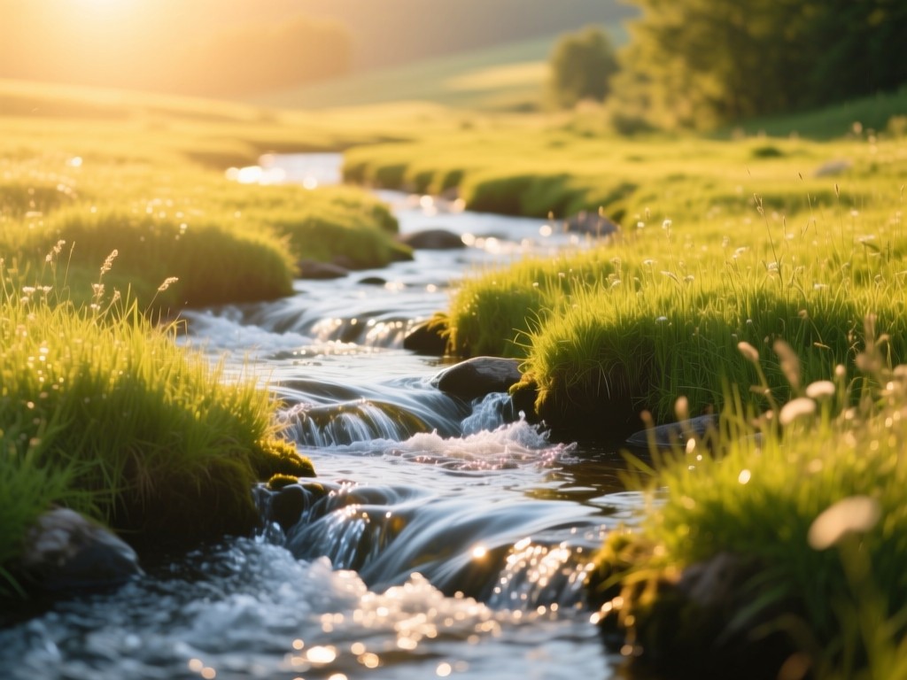 A river splitting into multiple crystal-clear streams through a vibrant meadow at golden hour, symbolizing content convergence and outreach, warm sunlight, soft focus background, natural color harmony.