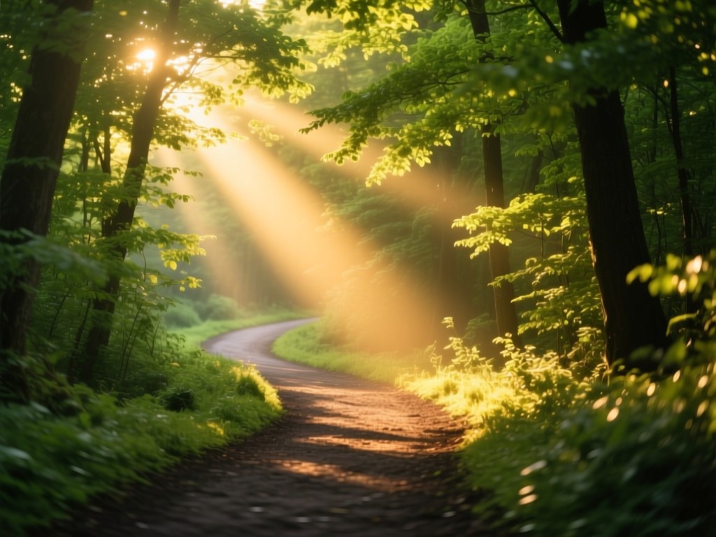 A winding forest path illuminated by golden hour sunlight, spotlight beam effect on the trail, symbolizing discovery, vibrant green foliage, soft focus background, no human presence.