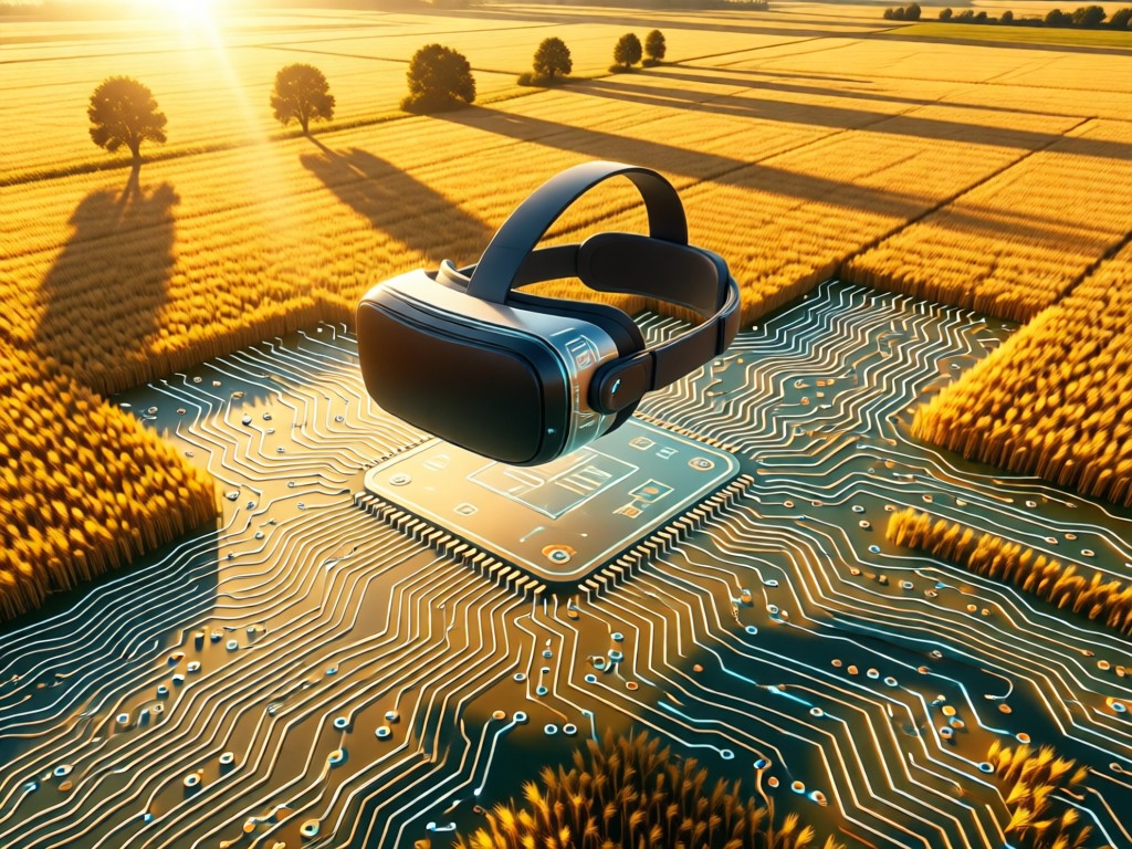 Aerial view of a VR headset floating above circuit board patterns in a sunlit field. Golden hour light creates long shadows. Symbolizes merging technology with natural creativity. No people.