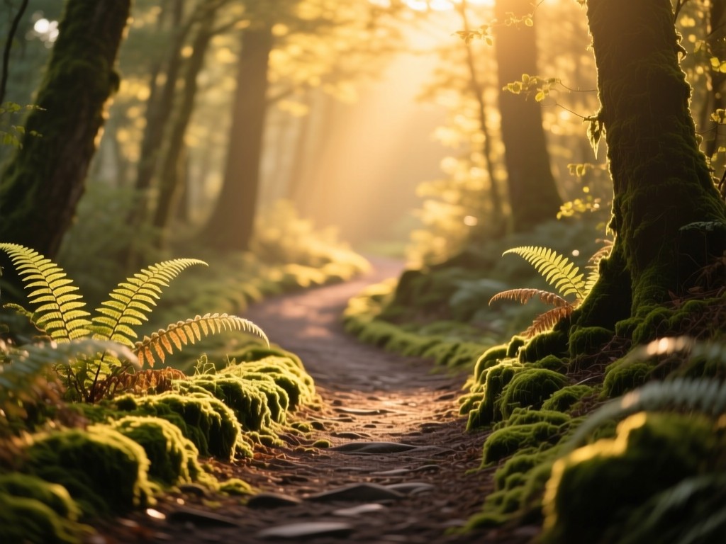 A winding forest path illuminated by golden hour sunlight, ferns and moss lining the trail, symbolizing discovery and educational journeys, soft focus background.