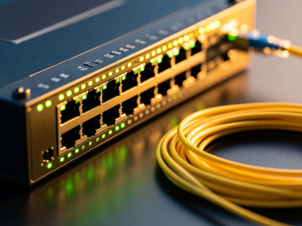 An angled view of a network switch with status lights blinking rhythmically. Soft focus on a coiled fiber optic cable beside it. Golden hour light creates depth.