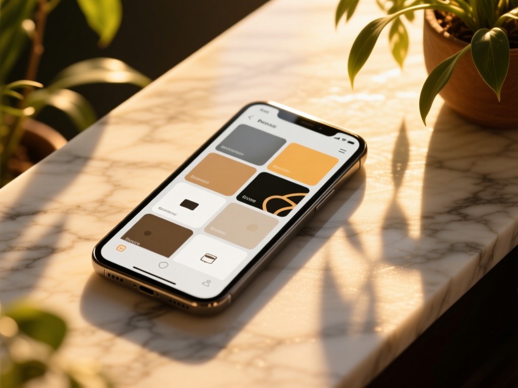 Modern smartphone on a marble surface during golden hour, screen showing organized content tiles, warm sunlight casting soft shadows through nearby plants, minimalist composition, no text.