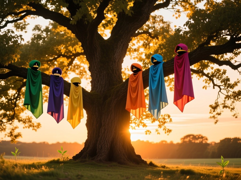 A majestic oak tree at golden hour with colorful cosplay capes hanging from its branches, symbolizing growth and visibility, warm sunset glow, soft shadows.