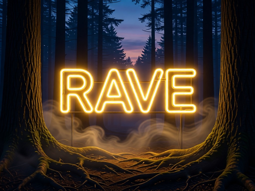A single glowing neon 'RAVE' sign in a dark forest at twilight. Soft fog curls around tree roots. Warm gold light spills from the letters. No people.