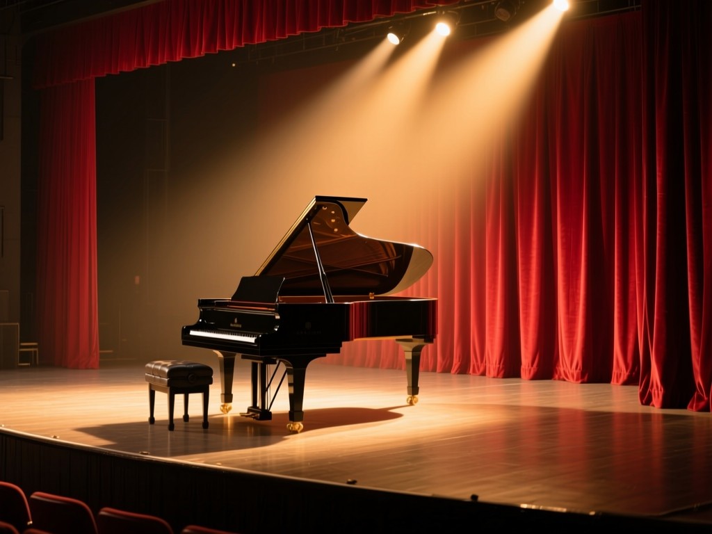 A single grand piano on an empty stage during golden hour, spotlight creating warm glow, red velvet curtains, symbolizing performance and opportunity, soft shadows, no people.
