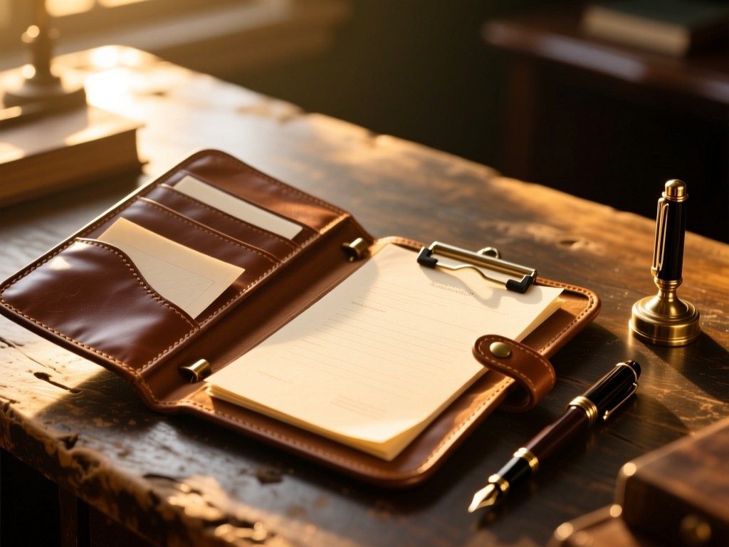 An open leather portfolio case on a rustic desk during golden hour, displaying empty document sleeves beside a vintage fountain pen, warm sunlight, shallow focus, no text visible.