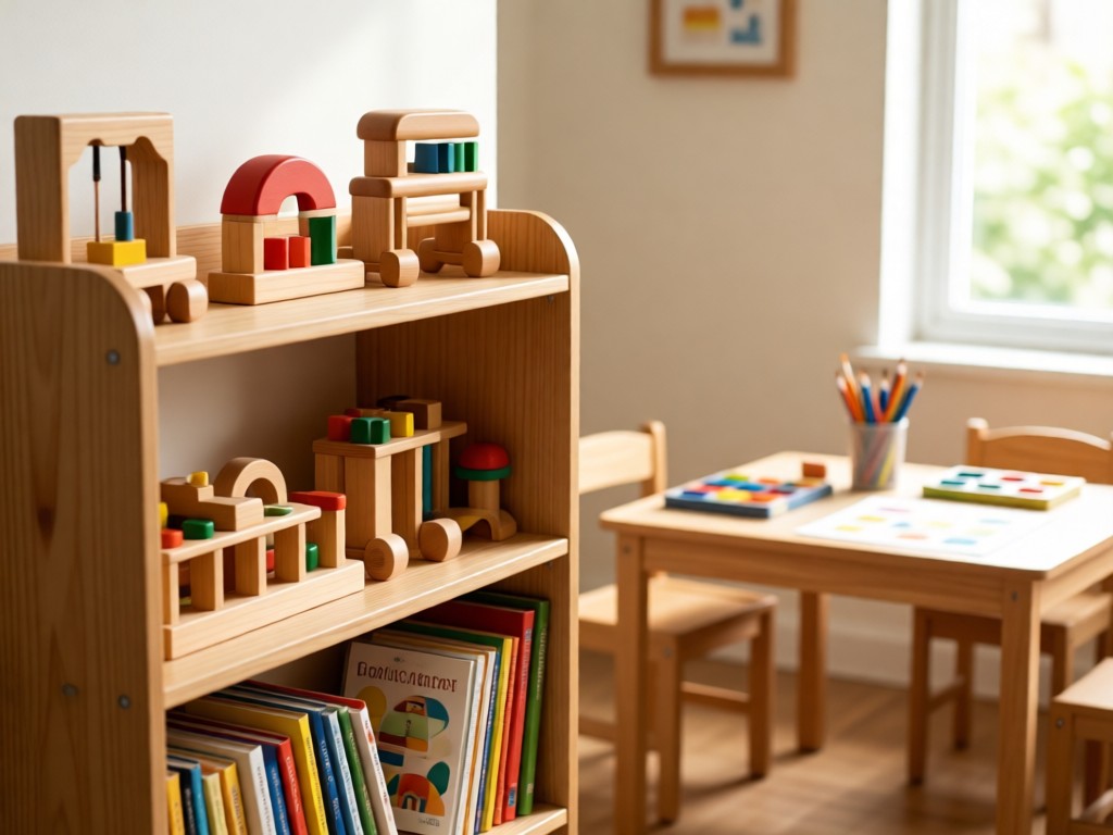 A neatly arranged Montessori shelf with wooden toys and books. Soft focus on a child-sized table with art supplies in the background. Natural light creates warmth. No people.