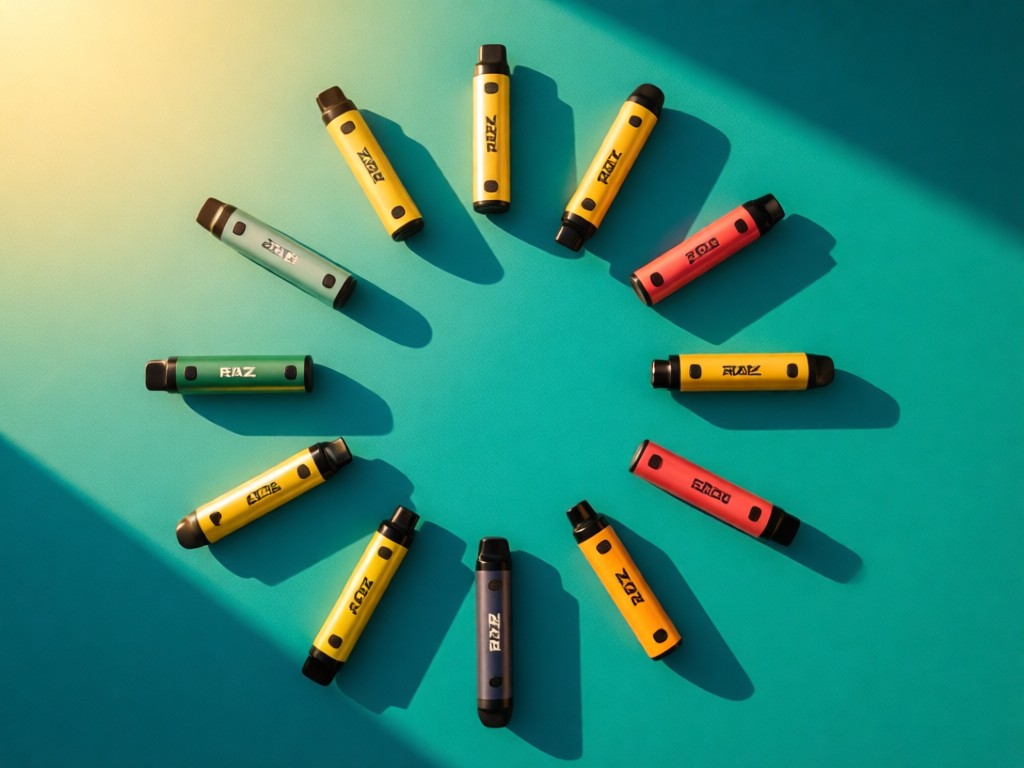 An aerial view of Raz vape devices arranged in a sunlit geometric pattern on a teal background. Golden hour highlights create clean shadows and emphasize product cohesion. No people.