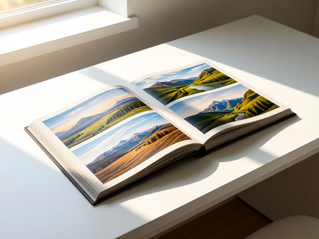 A minimalist white desk holding an open photo album with carefully arranged landscape prints. Morning light illuminates the textures. No people.