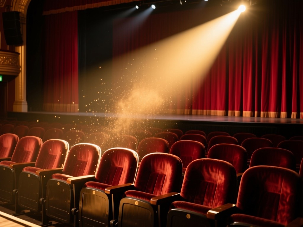 Stage spotlight shining on an empty velvet theater seat during golden hour, dust particles visible in the light beam, dramatic shadows, deep red curtains in background, no people.