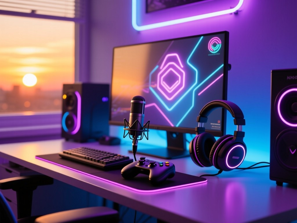 A neon-lit gaming setup at golden hour: microphone, headphones, and controller arranged on a sleek desk, soft sunset glow through window, shallow depth of field, vibrant purple/blue color scheme, no people.