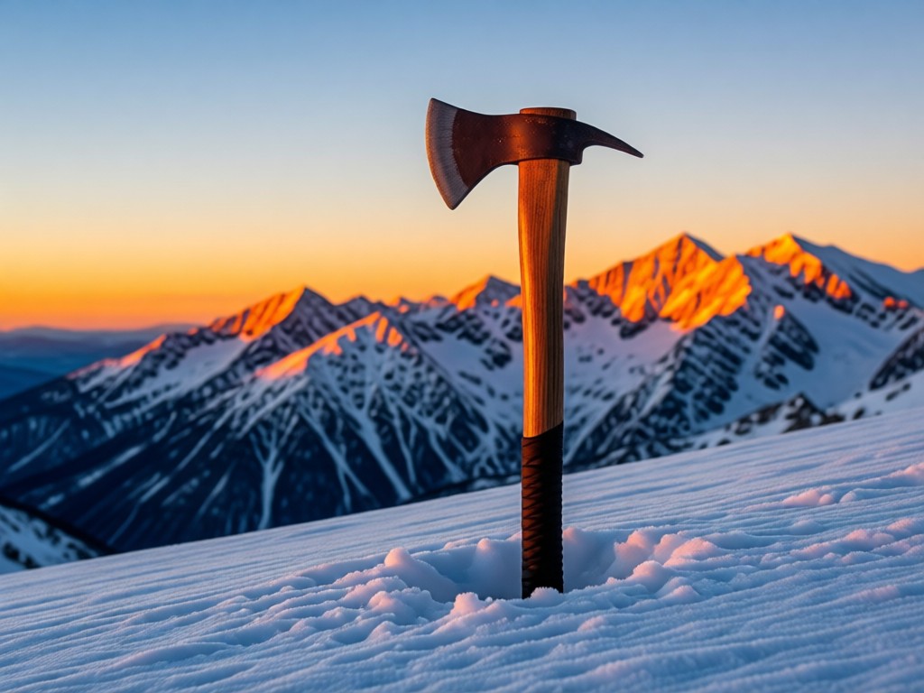 A single climbing axe planted in alpine snow at sunset. Distant mountain peaks glow orange. The axe stands as a lone testament to conquest. Crisp cold light with warm highlights. No people.