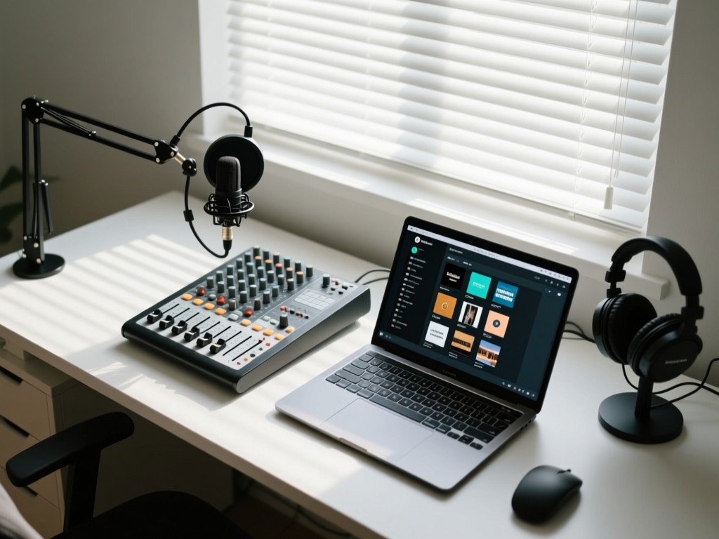 Overhead shot of a modern podcast setup: mixer, headphones, and laptop showing a clean episode library. Morning light filters through blinds onto a minimalist desk. No people.