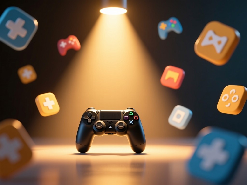 A lone controller under a spotlight during golden hour, surrounded by floating game icons in soft focus, warm glow symbolizing focus and expansion, minimalist composition.