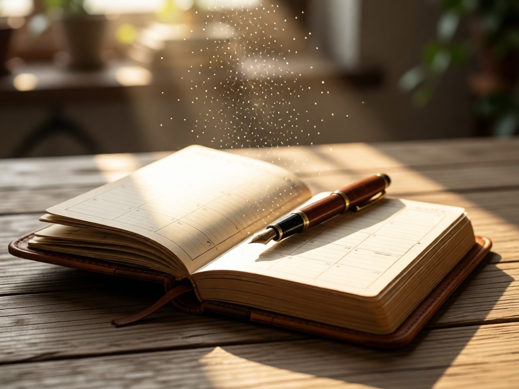 An open leather-bound notebook with a fountain pen resting on calendar pages. Sunlight illuminates dust motes above weathered wood grain. Soft focus background. No people.