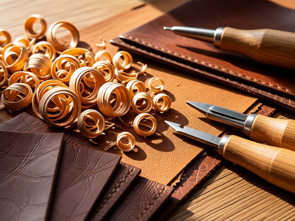 Close-up of wood shavings and leather samples arranged beside drafting tools. Warm sunlight creates depth through material textures. Earthy color palette. No people.