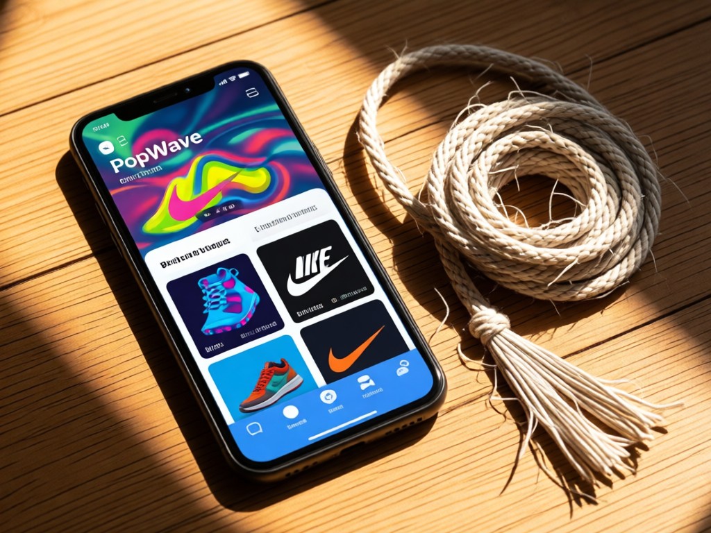 Stylish phone displaying a PopWave link page with Nike product cards. Beside it, frayed shoelaces coil naturally on sunlit wood.