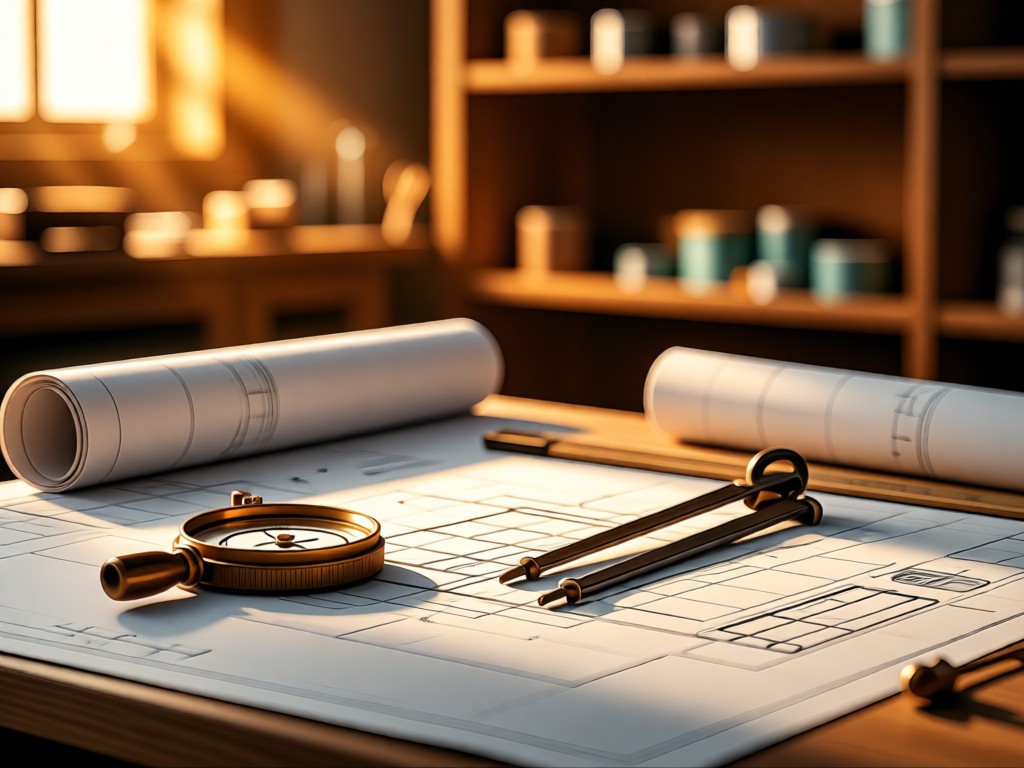 Unrolled blueprint weighted by vintage drafting tools. Soft focus on a compass and scale ruler catching golden hour light. Warm bokeh background of workshop shelves. No people.