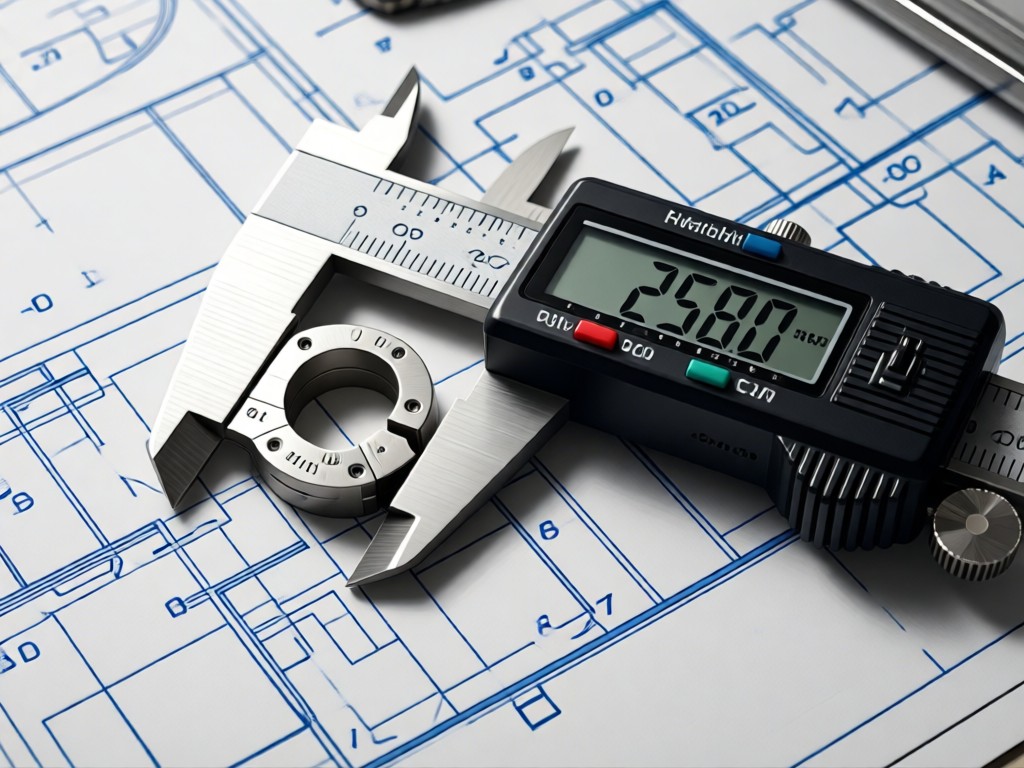 Macro shot of digital calipers measuring a metal component on a blueprint. Soft workshop lighting creates clean shadows. No people.