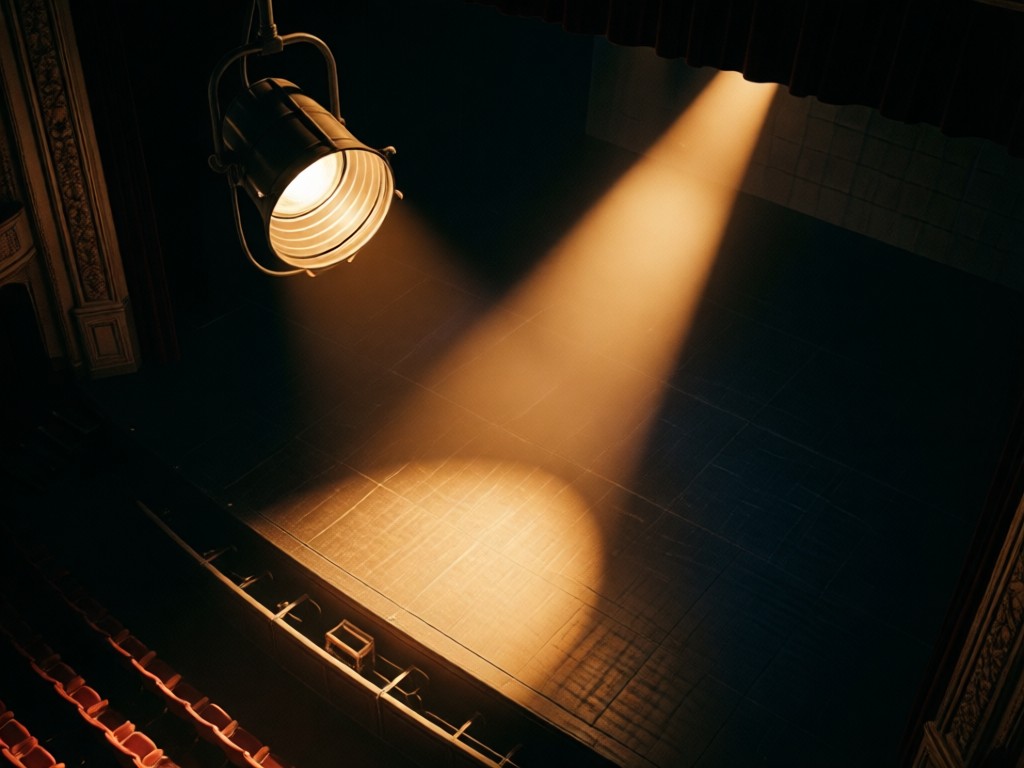 Aerial view of a vintage theater spotlight isolated on a dark stage, its warm beam cutting through darkness. Symbolizes focus and dramatic impact. No people, pure atmospheric lighting.