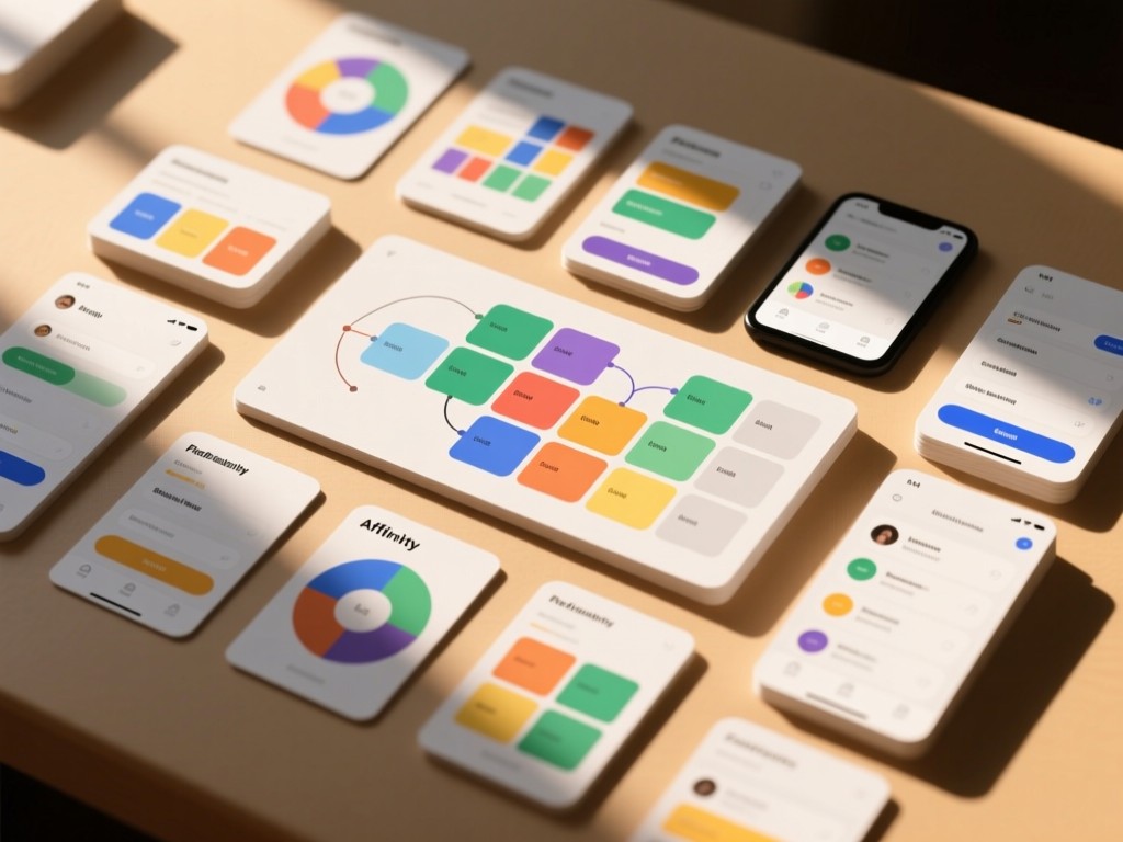 Flat lay of affinity mapping cards and UI screenshots arranged neatly. Soft shadows add depth under warm natural lighting.