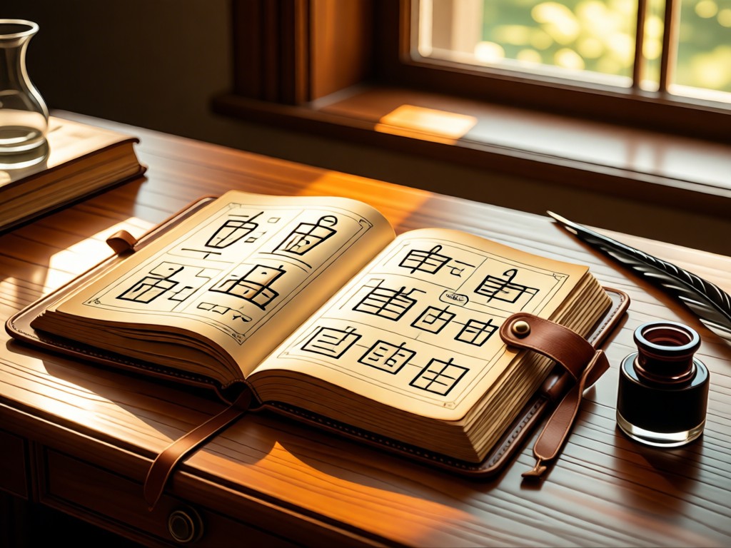 An open leather journal on a wooden desk showing hand-drawn pedigree charts. A quill pen and inkwell beside it. Warm sunlight from a window. No people.