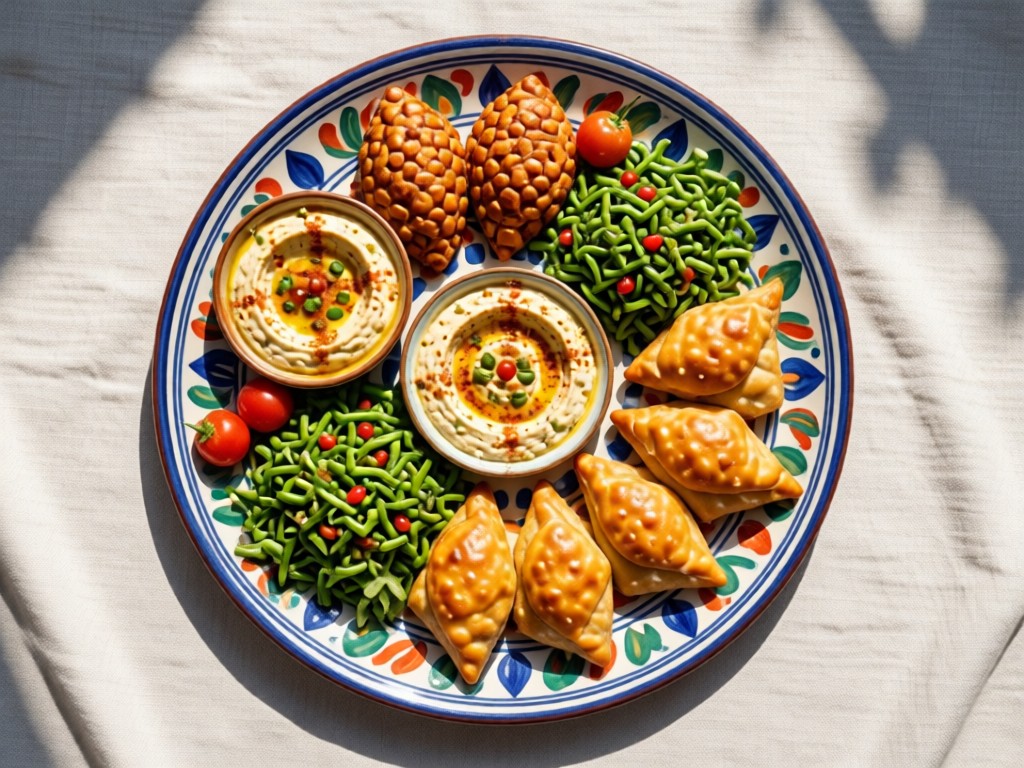 Aerial view of a vibrant mezze spread (hummus, tabbouleh, kebbe) arranged on a hand-painted ceramic platter. Soft shadows on a linen tablecloth. Overhead diffused daylight. No people.