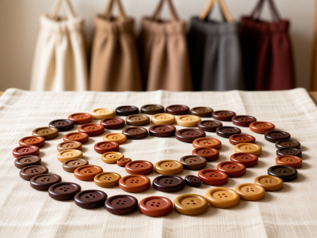 A curated collection of fabric buttons in earthy tones arranged in concentric circles on a linen backdrop. Soft focus background with hanging garment bags. No people.