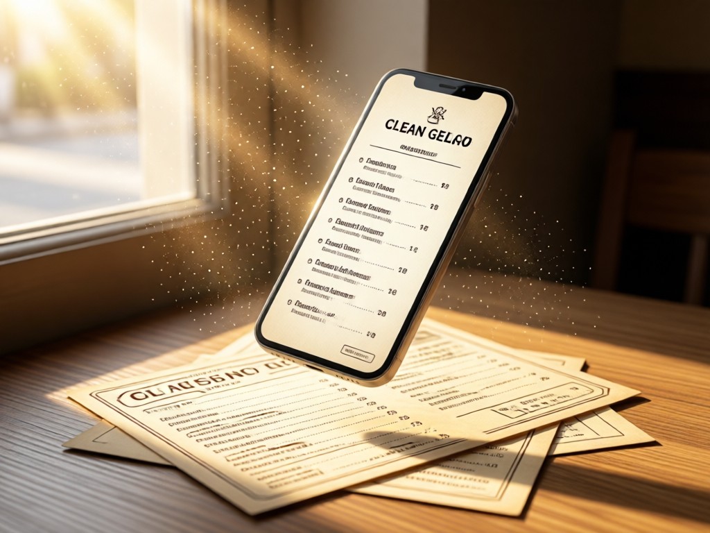 A smartphone displaying a clean gelato menu floating above vintage recipe cards. Sunlight catches dust particles near a window. Focus on tech-meets-tradition aesthetic. No people.