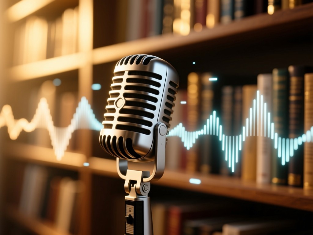 A sleek microphone surrounded by floating digital sound waves against a blurred bookshelf background during golden hour, warm light casting soft shadows, minimalist composition with breathing space, no text.