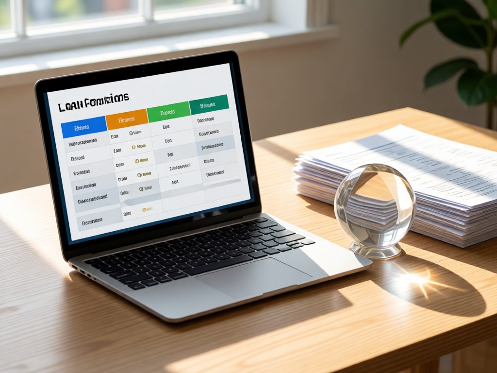 A minimalist desk with an open laptop showing a clean loan comparison chart. Next to it, a crystal paperweight reflects sunlight onto stacked financial documents. Focus on clarity and transparency.