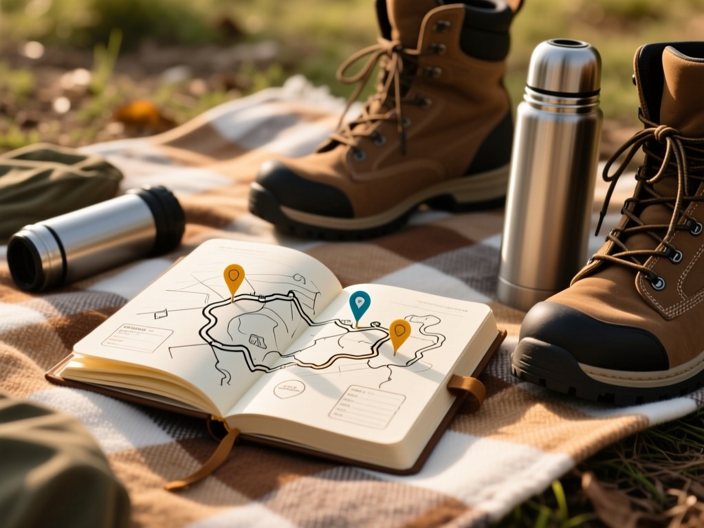 An open travel journal with sketched routes and pinned locations on a picnic blanket, surrounded by hiking boots and a thermos, soft afternoon light, earthy tones, no text visible.