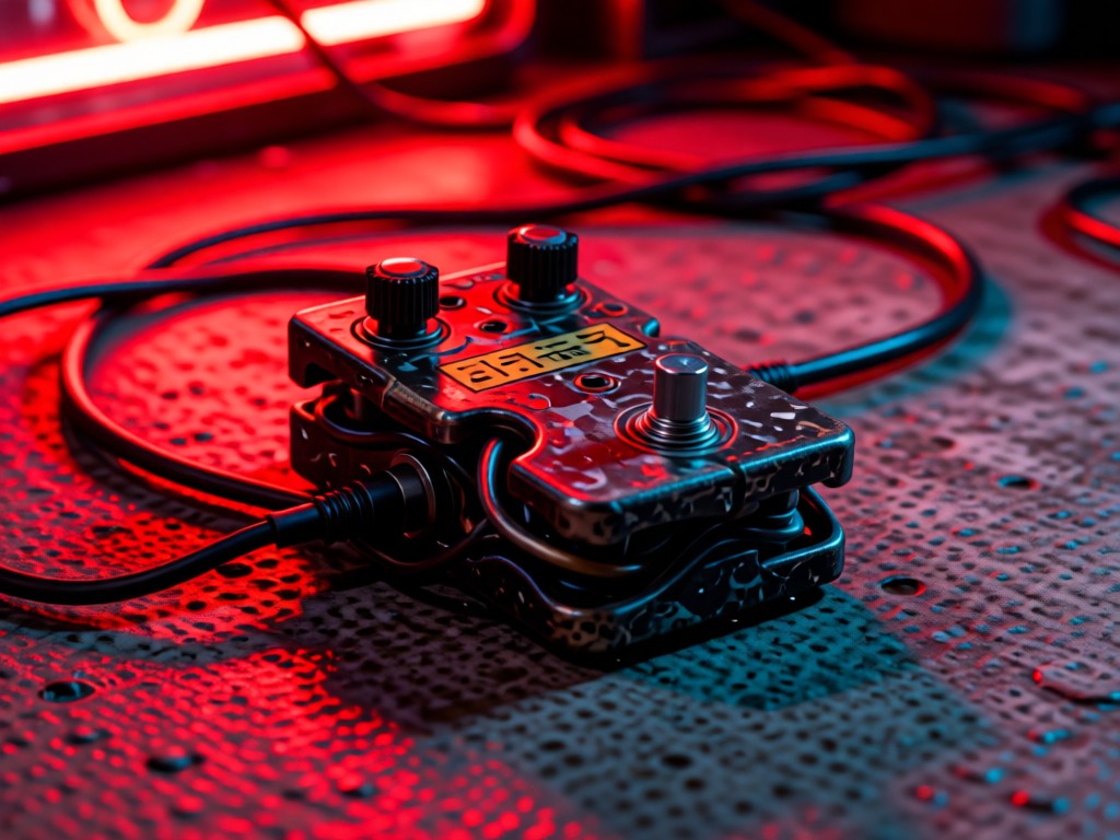 Gritty close-up of a distorted guitar pedal on concrete, cables snaking away. Neon bar light casts harsh red shadows. No people.