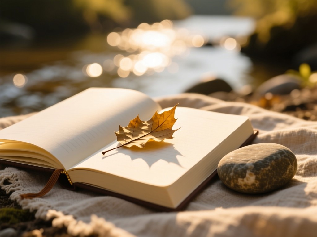 An open journal with a pressed leaf bookmark beside a smooth river stone on a linen cloth, golden hour light illuminating the blank pages, shallow focus, warm bokeh in background, no text visible.