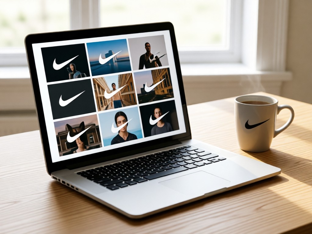 Close-up of a sleek laptop displaying a Nike campaign grid. Beside it, a coffee cup with subtle Nike branding sits on Scandinavian wood. Soft daylight highlights the minimalist composition. No people.
