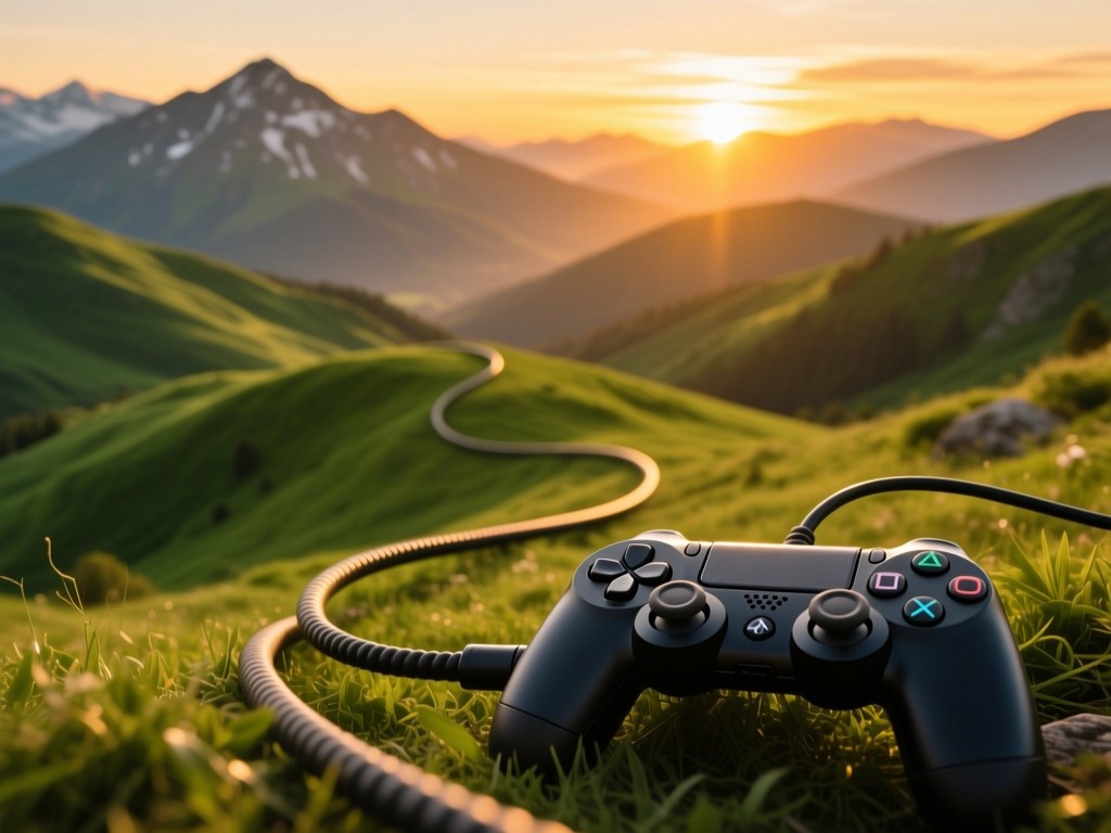 A winding game controller cable leading toward a horizon of distant mountains at sunset, golden light on vibrant green hills, symbolic of player discovery, natural color palette, no people.
