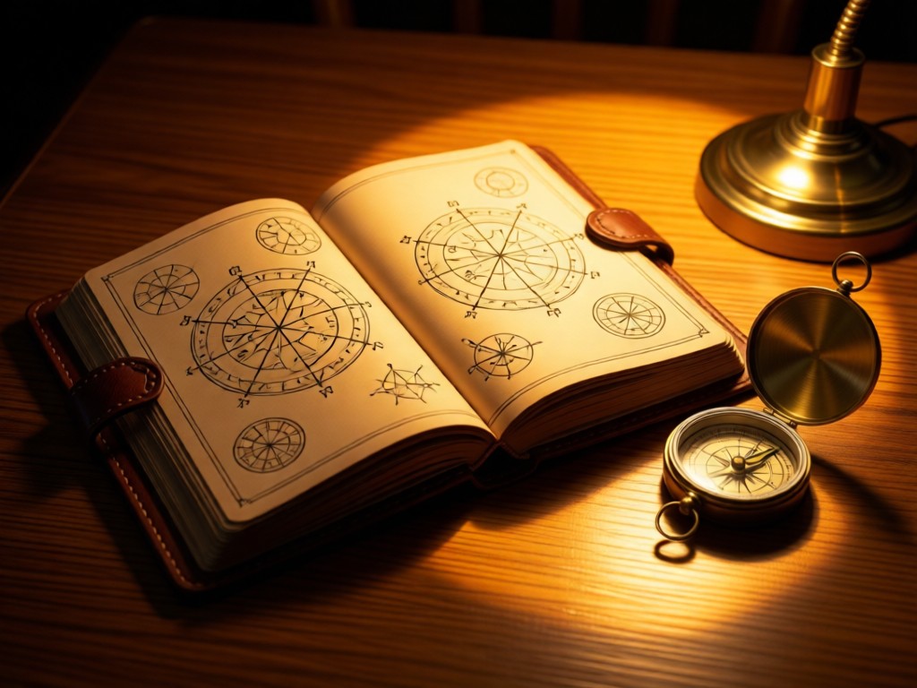 An open leather-bound journal with hand-drawn star maps beside a brass compass on a wooden desk. Warm lamplight creates focused pools of illumination. No people.