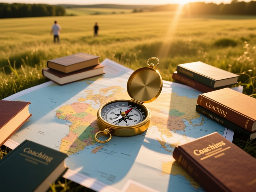 Aerial view of a compass on a map surrounded by coaching books. Golden hour light creates long shadows. Symbolizes direction and clarity in coaching. Open field background. No people.