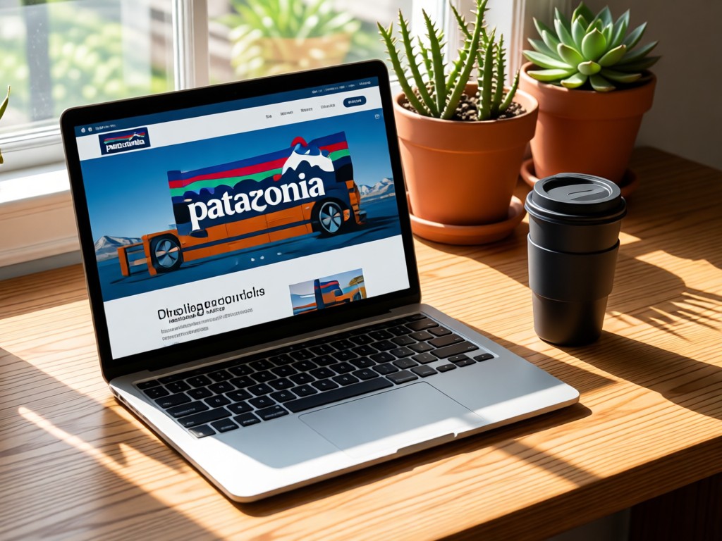 An open laptop showing a clean Patagonia product page beside a reusable coffee cup. Sunlight streams onto a wooden desk near potted succulents. No people.