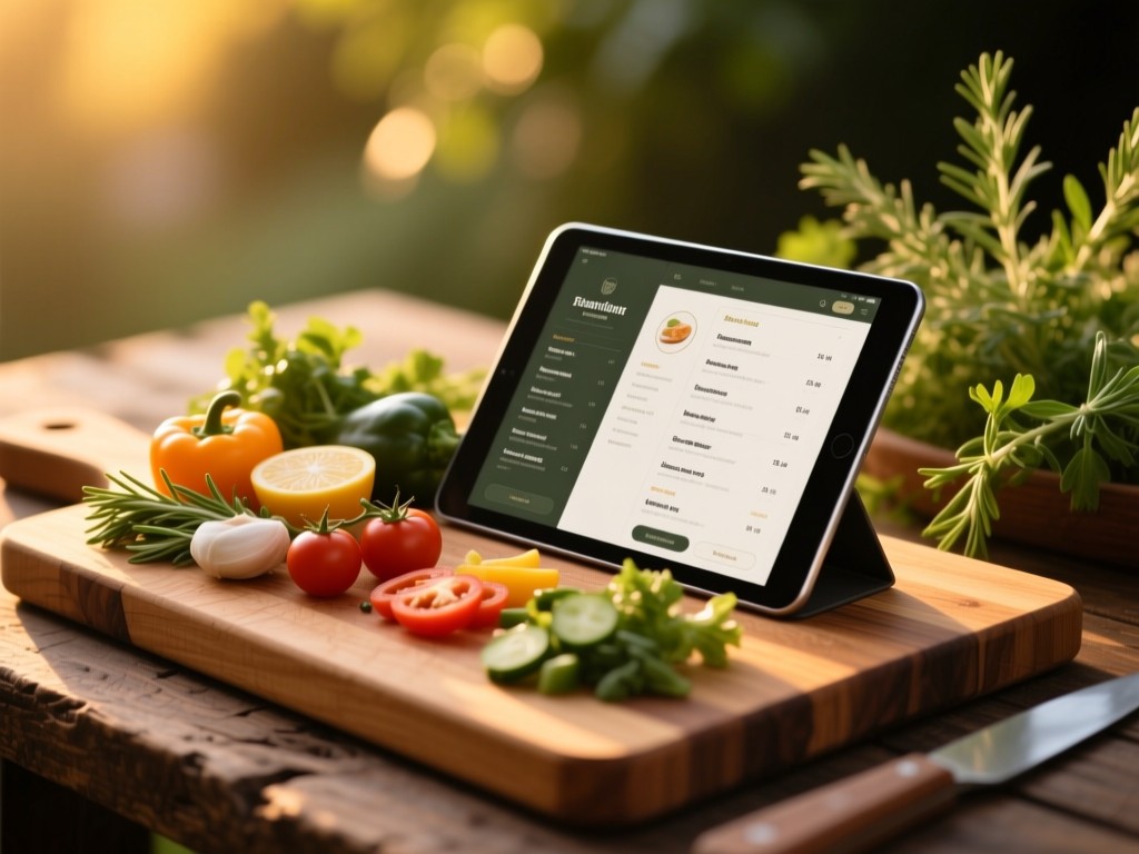 A rustic wooden cutting board during golden hour, topped with fresh ingredients arranged around a tablet showing a digital menu, soft natural light, herbs in background, shallow depth of field, warm tones.