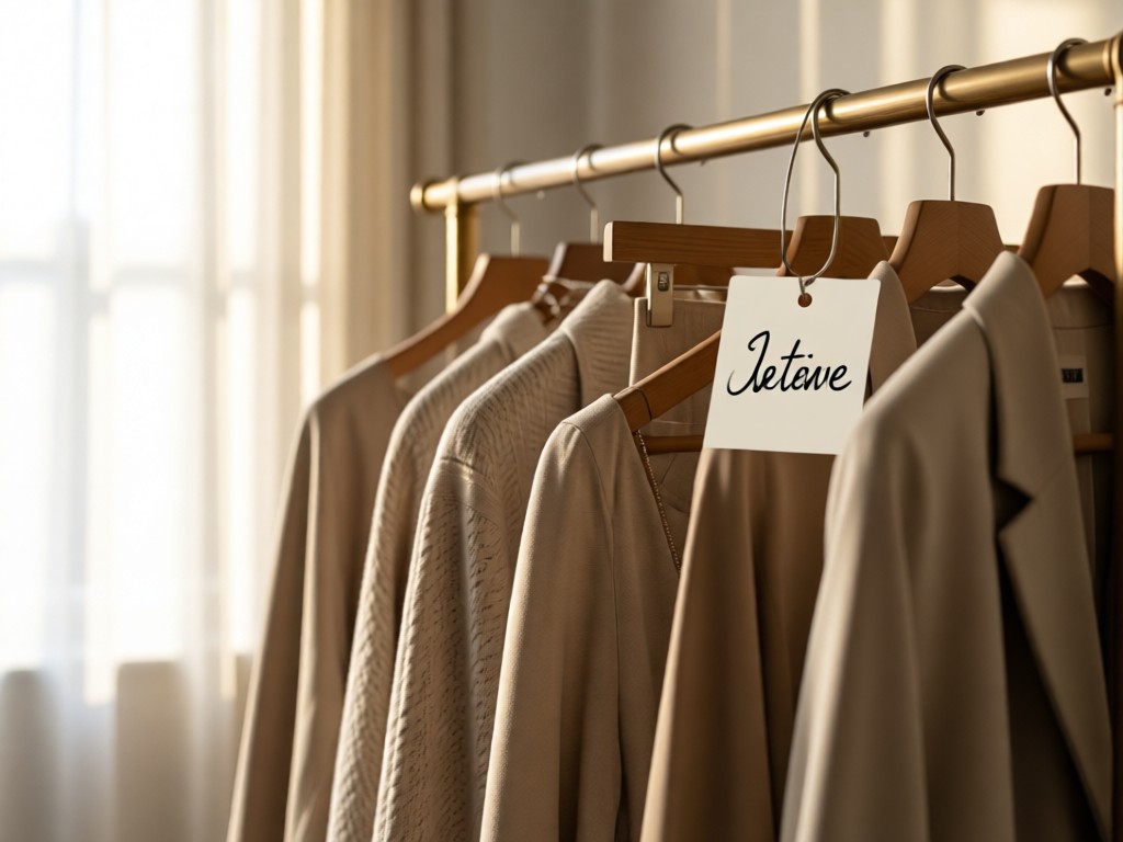 An elegant clothing rack with designer pieces in neutral tones. Soft focus on a handwritten price tag. Morning light creating depth through sheer curtains. No people.